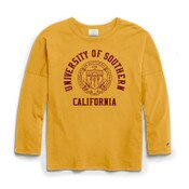 USC Trojans Women's League Gold Univ of So Cal Seal Clothesline Oversized Long Sleeve T-Shirt